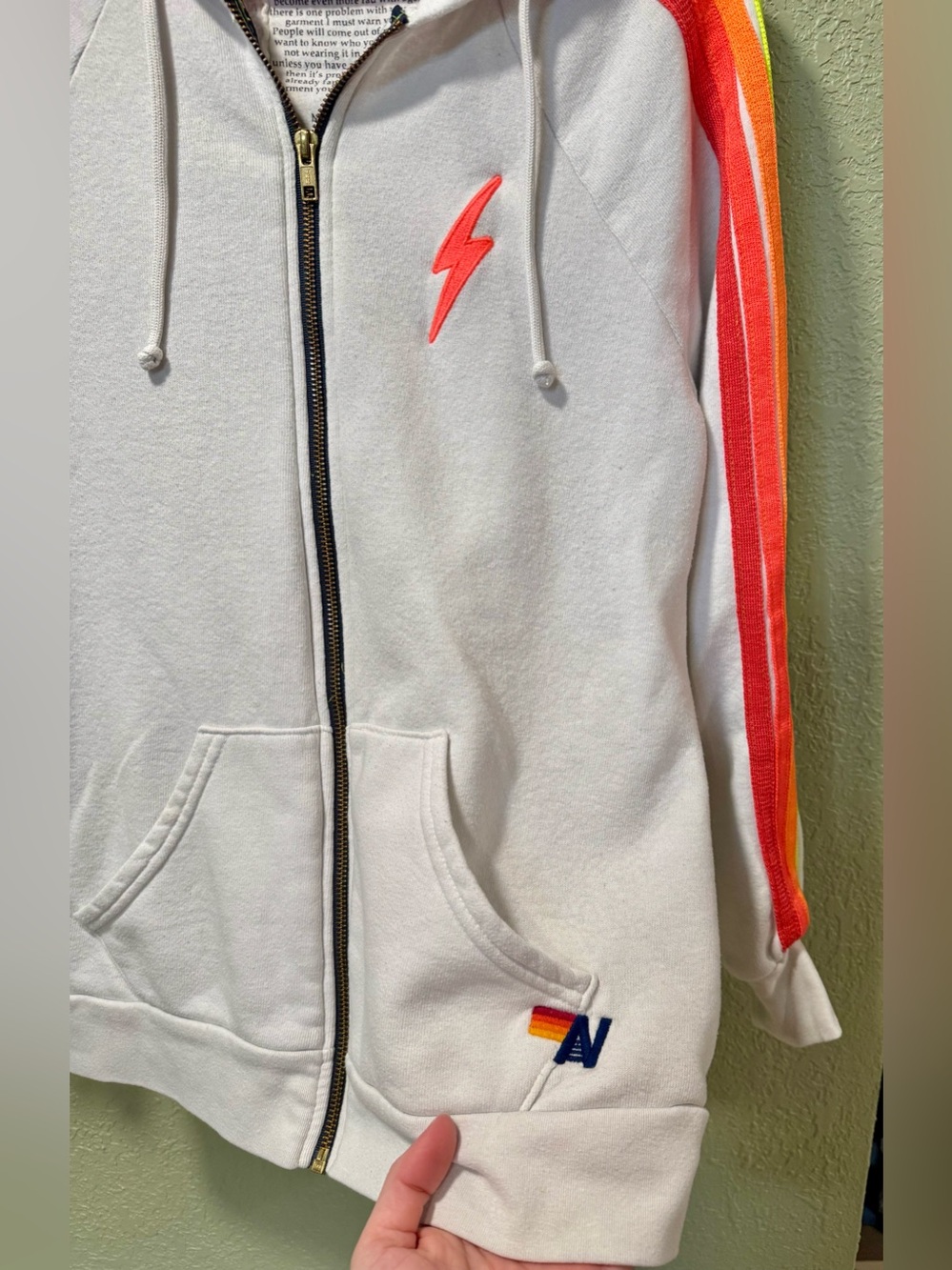 Aviator Nation White Hoodie with Neon Rainbow Sleeve Stripes M - Picture 5 of 8
